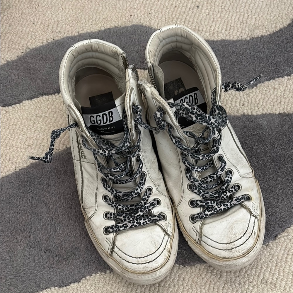 Golden Goose Deluxe Brand Ball Star White High-Top Sneakers (pre-stressed)